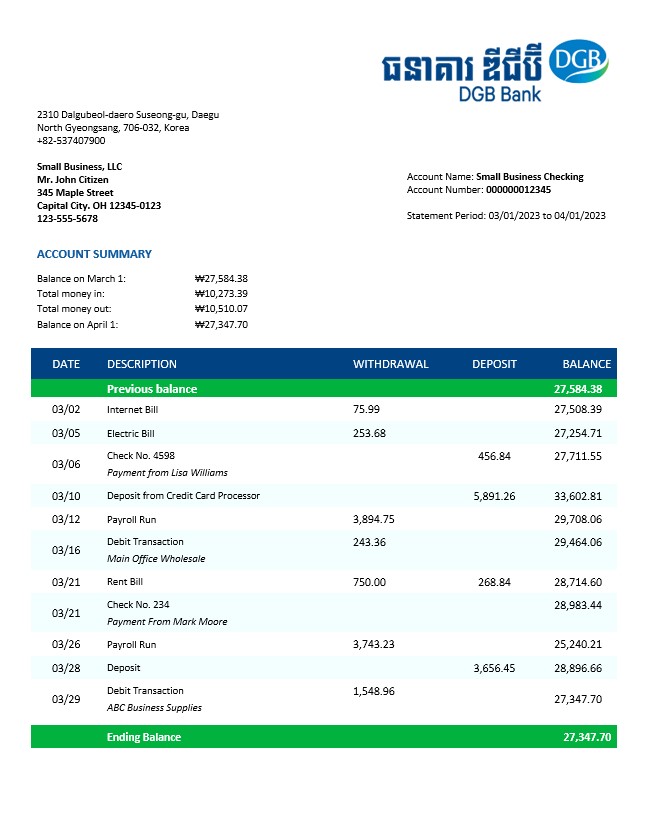 Modèle Word et PDF de relevé bancaire professionnel du groupe financier DGB